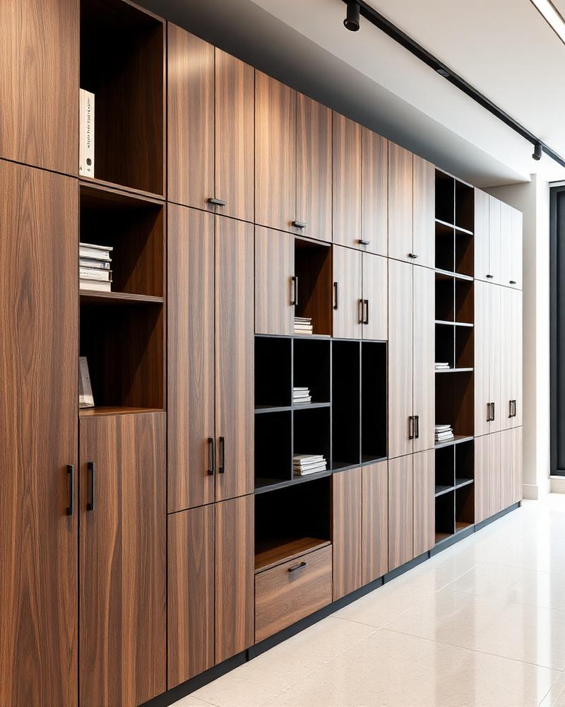 Muro de almacenamiento en madera con archivadores y estanterías fabricado a medida por Divimarcas