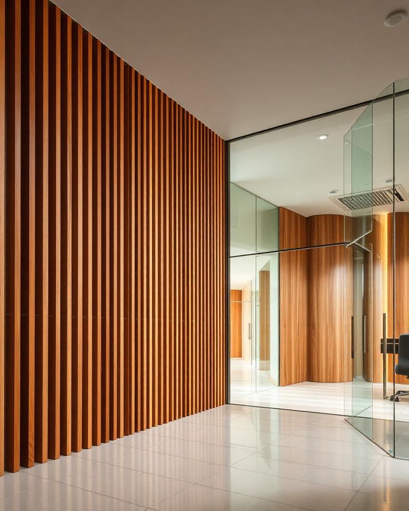 División arquitectónica en listones de madera y vidrio instalada por Divimarcas Proyectos