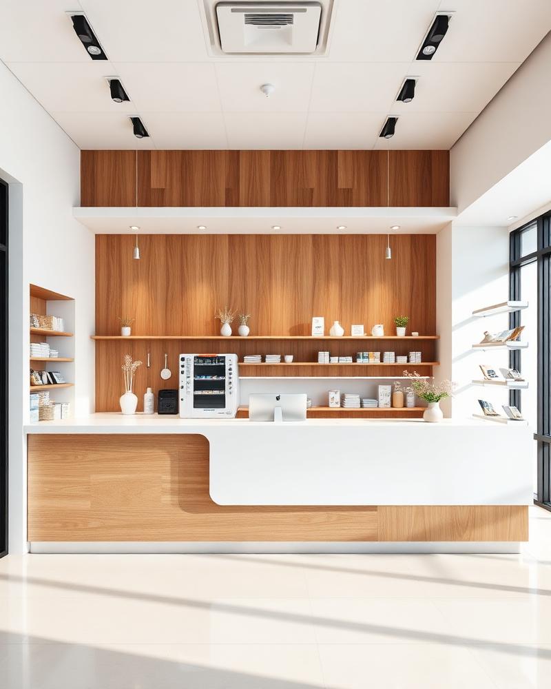 Recepción de centro veterinario en madera y superficies blancas fabricada por Divimarcas