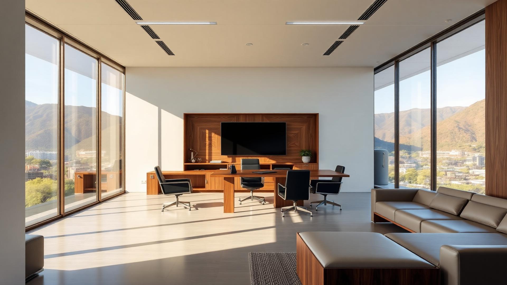 Oficina moderna con mobiliario arquitectónico en madera fabricado por Divimarcas Proyectos, con vista a las montañas de Medellín